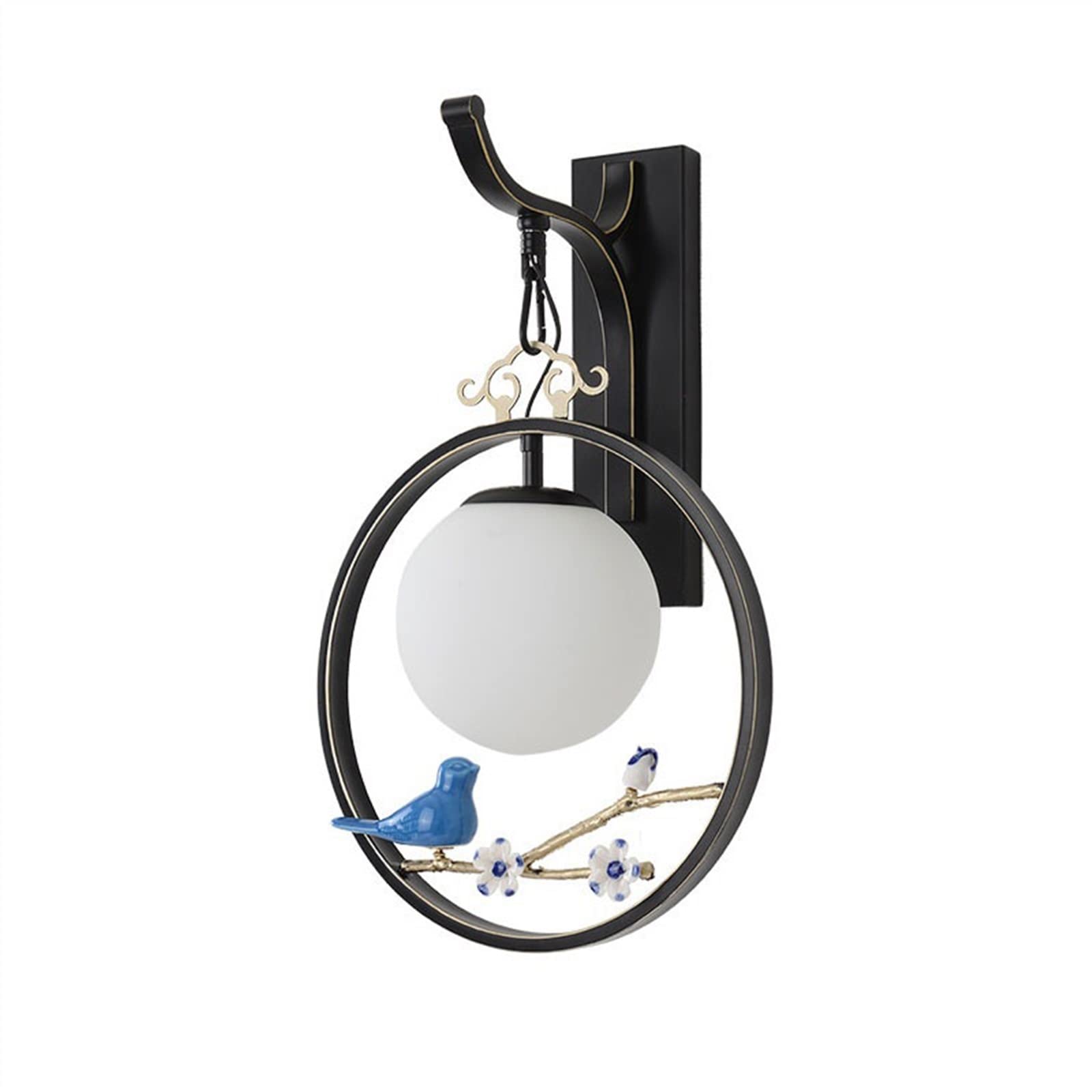 YQINQIN83B Wall Sconce Chinese Zen Style Bird Decoration Wall Lamp with Circular Center Lampshade and Creative Hallway Entrance Lighting for Hallway(Black)