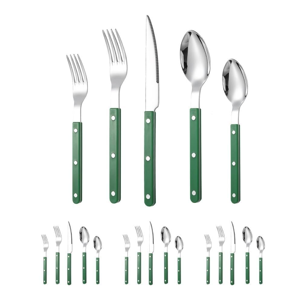 Rivet ABS Clamp Handle Kitchen Stainless Steel Silverware Tableware Flatware Cutlery Set Steak Knife Fork Spoon Teaspoon Western Tableware Butter Knife Set (Green,20 Pieces)
