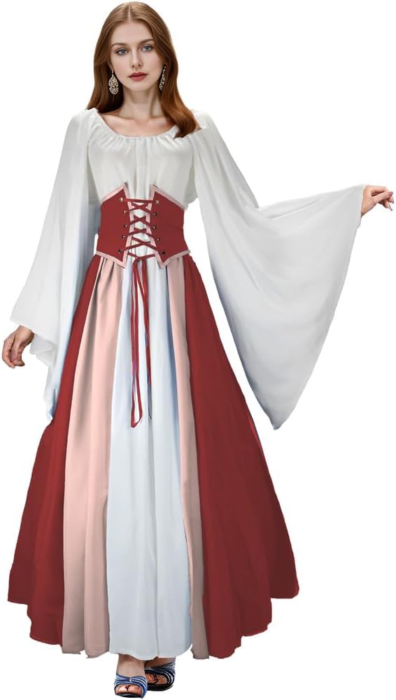 Abaowedding Women's Renaissance Medieval Costumes Dress Trumpet Sleeves Gothic Retro Gown