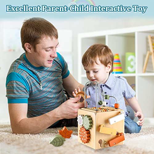 Smartwo Wooden Activity Busy Cube Montessori Toys for 1 Year Old, 6-in-1 Activity Center Baby Bead Maze Toys, Sensory Shape Sorter Blocks, Toddler Boys Girls First Birthday Gift