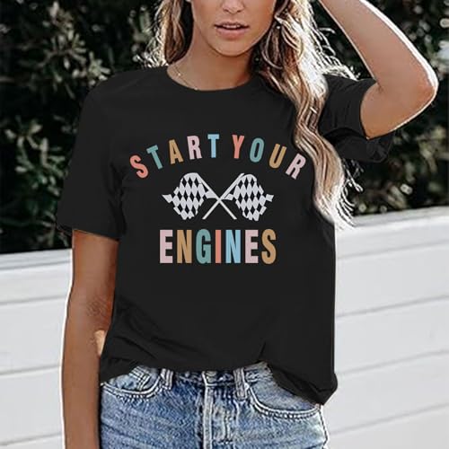 Vintage Racing Shirt Checkered Flag Graphic Tees Womens Start Your Engines Tshirt Race Day Shirts Short Sleeve Tops4