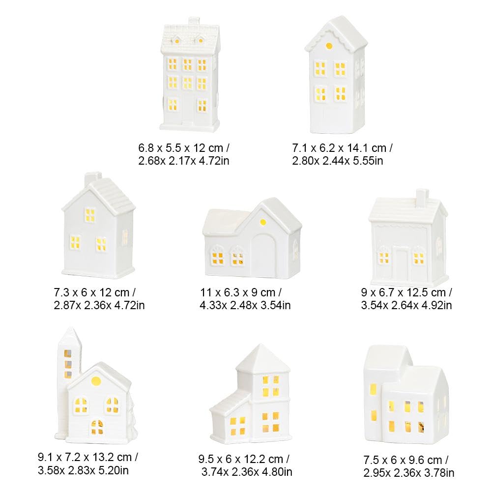 Set di 8 statuette di villaggio di Natale, in ceramica bianca, con luce LED, piccole statuette da tavolo in porcellana, decorazioni natalizie per vacanze invernali e mensole