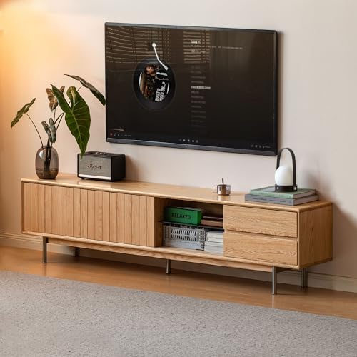YESWOOD Meuble TV 200 cm en Chêne Massif, 2 Tiroirs & 2 Étagère, Design Minimaliste Moderne, 180 x 39,6 x 46 cm, Chêne Naturel
