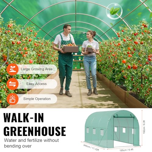 Image of VEVOR Walk-in Tunnel Greenhouse, 11.3x6.4x6.3 ft Hoop House Greenhouse Tunnel, Plant Hot House with Galvanized Steel Frame, Green PE Cover, Roll-up Zipper Door and 6 Windows for Outdoor