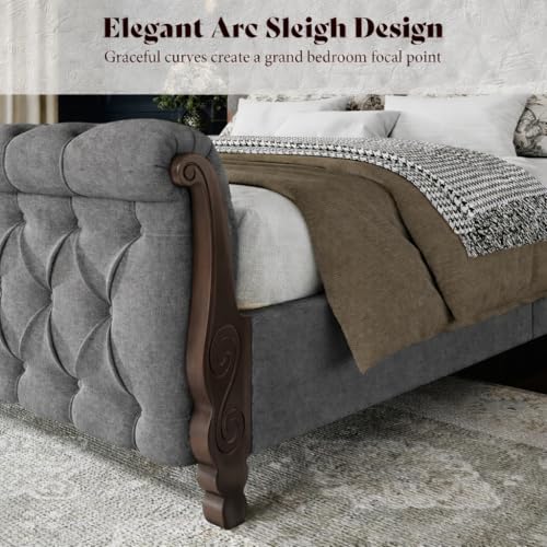 Image of AMERLIFE Upholstered King Bed Frame, 53 inch Tall Sleigh Bed with Button Tufted Chenille Headboard and Footboard, Platform Bed with Carved Solid Wood Legs, No Box Spring Needed, Dark Gray
