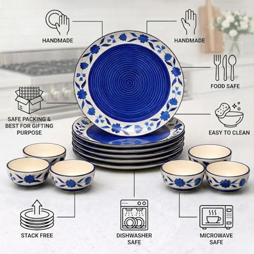 Image of Freakway Hand-Painted Floral Ceramic Dinner Set of 12 Pcs | 6 Ceramic Dinner Plate and 6 Bowl /katori | Bone Ash Free | Microwave and Dishwasher Safe - Blue