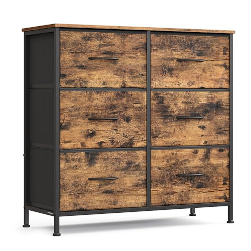 SONGMICS Kommode, Schrank, 6 Stoffschubladen, Aufbewahrungsschrank, Stahl, MDF, Vliesstoff, für Schlafzimmer, Flur, Wohnzimmer, vintagebraun-tintenschwarz LGS123BH04