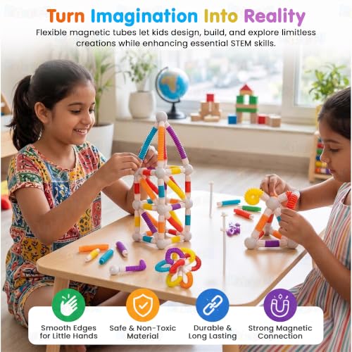Image of Kidology 36Pcs Flexible Magnetic Balls & Suction Tubes Building Set for Kids Age 3+ Years | DIY STEM Mine World 3D Magnetic Bars Blocks | Brain Game Construction Toy for Boys & Girls | Birthday Gift