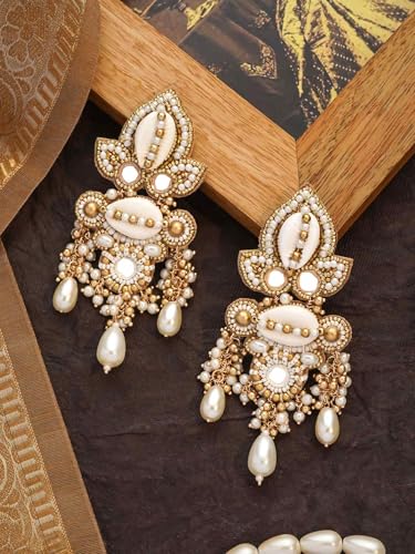 Image of SANJOYA by EVERSTYLISH Embroidered Earrings for Women | Shell, Beads & Pearl Drop Statement Dangler Earrings | Ethnic Jewelry for Weddings, Festivals & Special Occasions