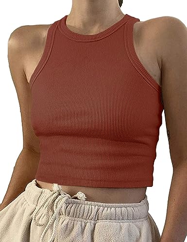 Image of Artfish Women Casual Basic Sleeveless High Neck Rib-Knit Y2k Crop Tank Top