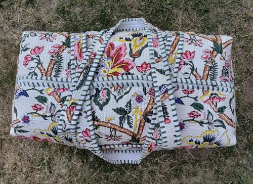 Indian Handmade Block Print Quilted Bag, Decorative Floral Print Weekender Bags, Beautiful Colorful Travel Overnight Bags, Women Cotton Quilted Shopping Duffle Bags4