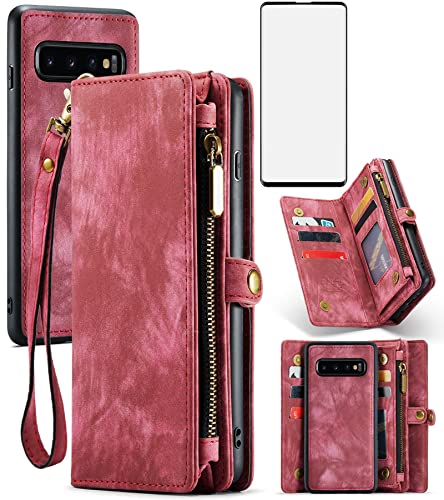 Étui portefeuille Samsung Galaxy S10 zippé rouge avec rabat et protection écran