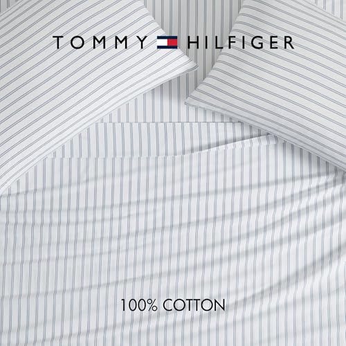 Image of Tommy Hilfiger - Full Size Sheet Set, Crisp & Tailored Cooling Sheets with a Smooth Cotton Percale Lightweight Feel - Bed Sheets with Matching Pillowcases & Fitted Sheet (Joshua Tree Stripe Blue)