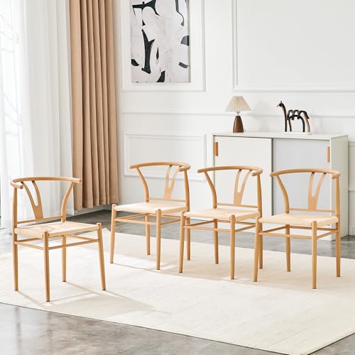 Dining Chairs Set of 4 Modern and Fashion Rattan Dining Chairs with Thickened Metal Ergonomic Suitable for Kitchen Living Room Dining Room (Black Ironwork + Natural Rope Pattern Set of 4)