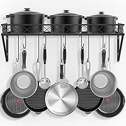 Sartenes Colgadas Bomclap Estantería de cocina con 10 ganchos, de hierro, para colgar ollas y sartenes, 70 x 28 x 23 cm, color negro