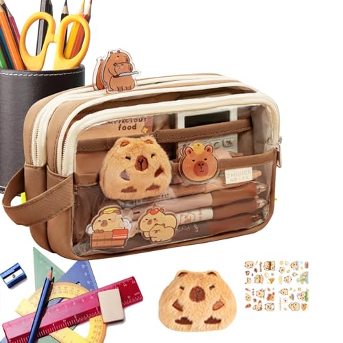 Capybara - Astuccio trasparente estetico grazioso astuccio grande capacità multistrato e apertura ampia con adesivi per ragazzi e ragazze Caff Refer to
