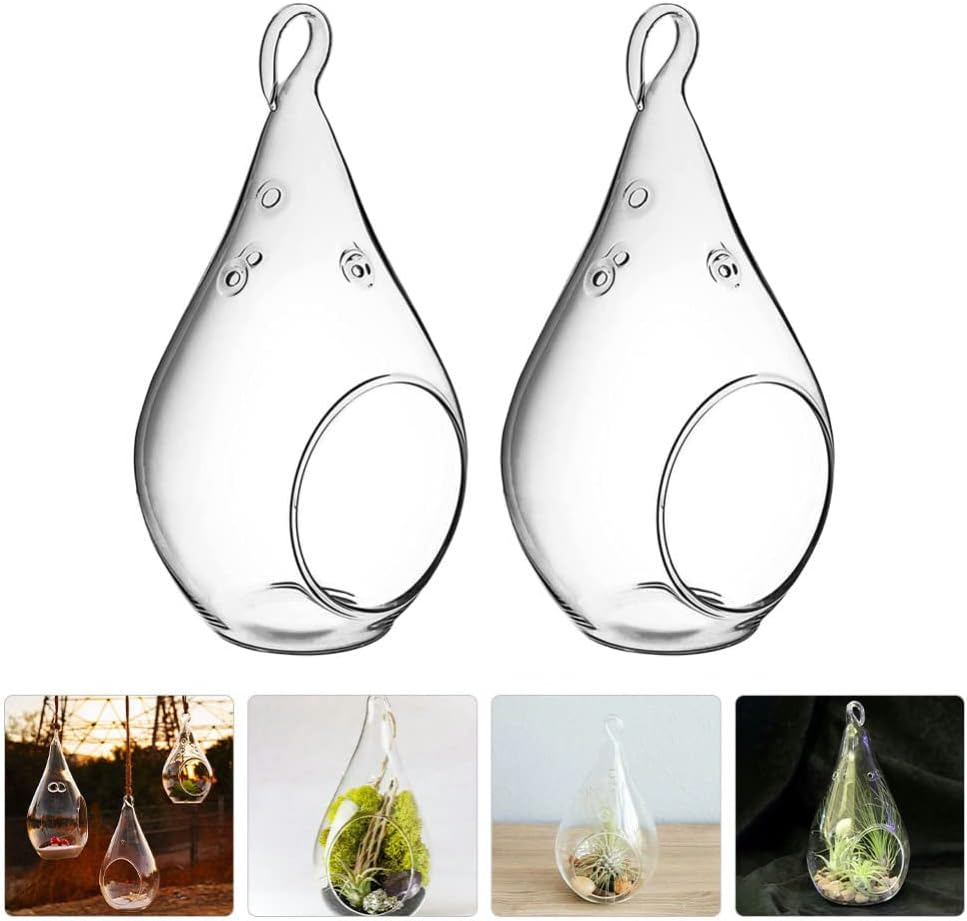 HANABASS 2pcs Hanging Glass Globes Teardrop Tealight Candle Holder Plant Terrarium Orbs Air Plant Tillandsia Succulent Vase Hanger for Wedding Indoor Outdoor House Decor