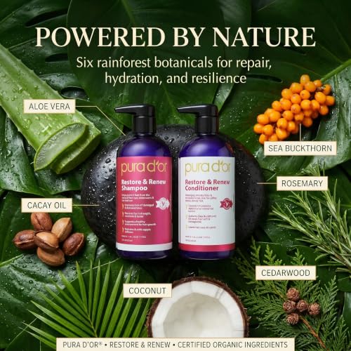 PURA D'OR Restore & Renew Shampoo and Conditioner Set for Strong, Healthy, and Nourished Hair with Organic Aloe Vera, Rosemary, Sea Buckthorn, Cacay, Coconut, Seaberry & Cedarwood - image 3