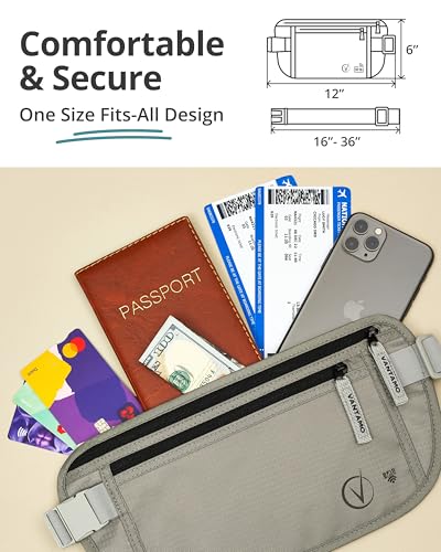 Image of Vantamo Money Belt with RFID For Men & Women, Hidden Passport Holder for Travel, 2 Compartment Travel Fanny Pack for Women Anti Theft