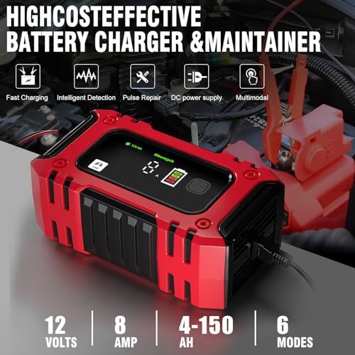 Car Battery Charger, 12V 8A Smart Battery Trickle Charger, Car 12V Battery Maintainer, Desulfurizer with Temperature Com - Additional View