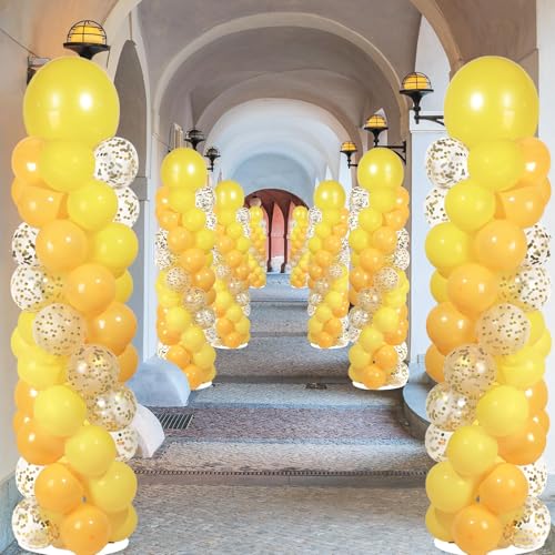 Image of 2 Sets Golden Yellow Balloon Column Stand Kit with 100 Balloons Adjustable Balloon Tower Stand with Bases for Floor Confetti Balloons Column Kit for Graduation Birthday Appreciation Party Decor