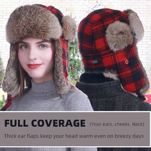 Image of Winter Trapper Hat for Men Women Warm Soft Russian Ushanka Hat Real Rabbit Fur Aviator Bomber Hats Winter Hats with Ear Flaps