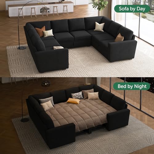 Image of HONBAY Sleeper Sectional Couch with Pull Out Bed, Velvet Modular Sofa with Storage, U Shaped Sectional Couches for Living Room, Black