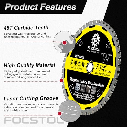 Image of 7-1 /4 Inch Metal Cutting Circular Saw Blade - FOCSTOL 5pcs Tungsten Carbide Tipped Saw Blade 48T for Iron Ferrous Metals Steel Pipe Arbor 5 /8 Inch