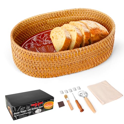 Bread Basket with Warming Stone with Cotton Cloths - Terracotta Bread Warmer Stone - 12.7 x 3.7 x 8.2 Inch Large Traditional Bread Warming Set - Gifts for Bakers Woman Hostess House Warming