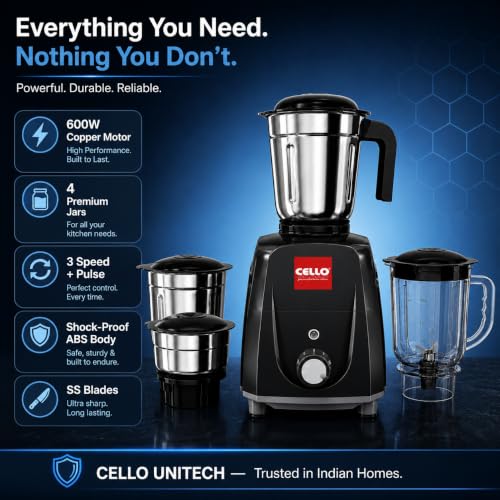 Image of CELLO Unitech 600W Mixer Grinder with Juicer Jar | 4 Jars | Copper Motor | 3 Speed Control | Stainless Steel Blades | Mixer, Grinder & Juicer for Juices (Unitech 600W Mixer Grinder Black)