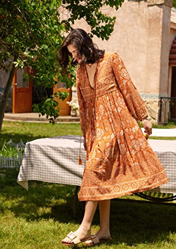 R.vivimos Women's Long Sleeve Floral Print Retro V Neck Tassel Bohemian Midi Dresses (Medium, Orange) #TOP4