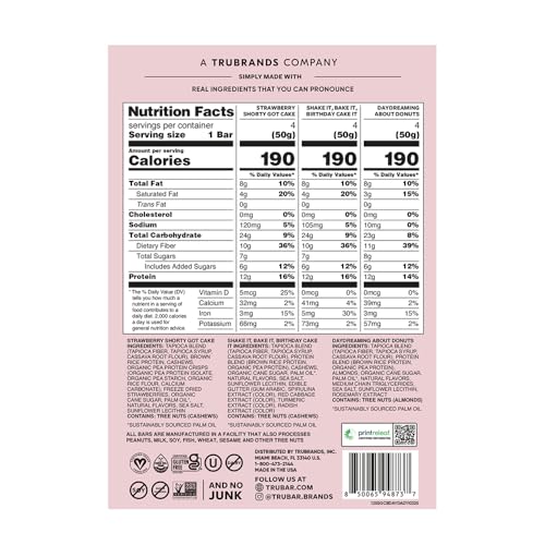Image of TRUBAR Vegan Protein Bars, Frosted & Fabulous Variety Pack, Donuts, Strawberry Shortcake & Birthday Cake, Gluten Free, Plant Based, High Fiber, Dairy Free, On the Go Healthy Snacks, 12 Count