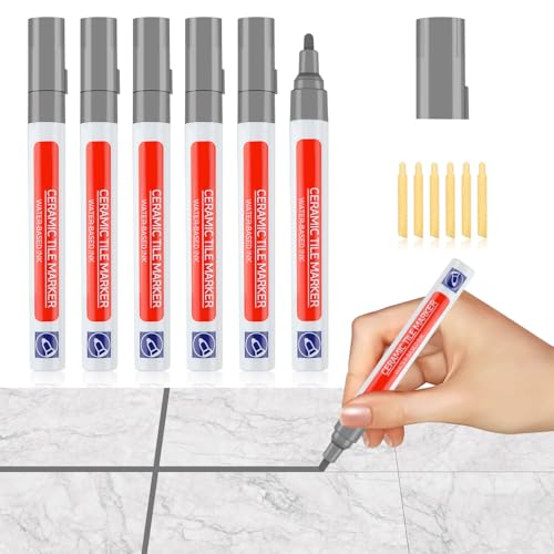 6 Piezas Rotulador Juntas Azulejos Gris Oscuro Mortero para Lechada para Azulejos Baño con 6 Punta de Repuesto Tile Grout pen Lápiz para Juntas Bolígrafo para Lechada de Pared Piso Baños y Cocina