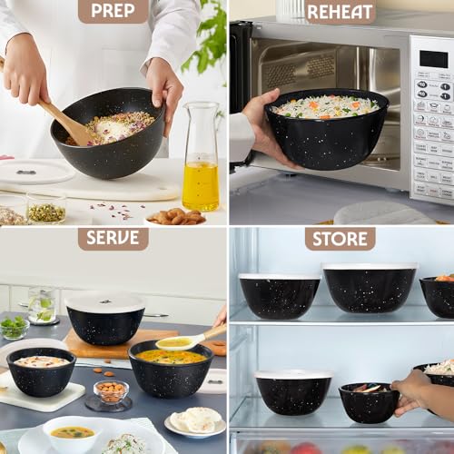 Image of Borosil 1 L Serving & Mixing Bowl with Lid | Made in India Borosilicate Glass Bowl for Kitchen & Dinning | Bowl for Mixing Dough, Salad, Batter | Microwave & Dishwasher Safe (Pebble Black)