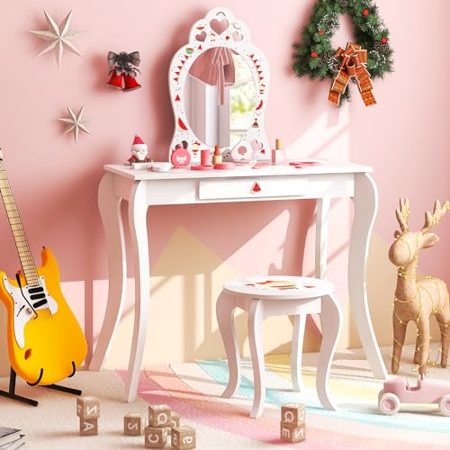 Costzon Kids Vanity Set with Mirror, 2 in 1 Wooden Princess Makeup Vanity Dressing Table, Toddler Vanity Set with Drawer & Stool, Pretend Play Vanity Set for Little Girls (Fruit Pattern)