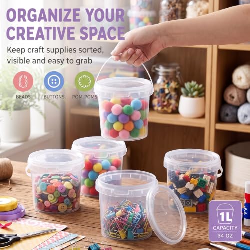 Image of Maxcheck 50 Pcs Plastic Bucket with Lids and Handles Bulk, 34oz, Clear