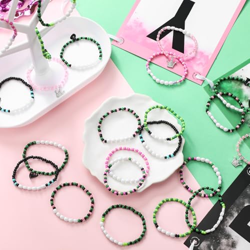 24 Pcs Witch Princess Crown Friendship Matching Bracelets Green Pink Bead Merchandise Jewelry Gift BFF Couples Bracelets Accessories for Movie Fans Party Birthday Halloween Party Decoration3