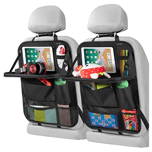 LUCMO Car Backseat Organizer with Tablet Holder-2 Pack,6 Storage Pockets Car Storage Organizer with Foldable Food Tray,Car Seat Back Protectors Kick Mats Travel Accessories-Black