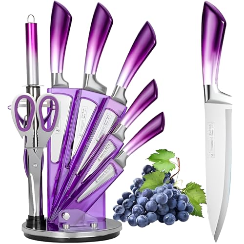 Professional 9-Piece Kitchen Knife Set with Acrylic Block, Sharp Stainless Steel Chef Knives with Sharpener for Women