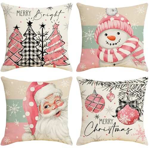 VEEKAY Fundas de Almohadas Navideñas,4 Piezas Navidad Fundas Cojines50x50,Funda Almohada de Lino de Navidad,Cojines Navidad,Algodón Lino Throw Pillow Case,para Sofá Cama para Decoracion Navidad