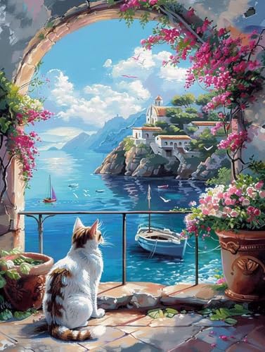 Peinture diamant 5D chat et bateaux à voile, canevas point de croix artisanat G0-366
