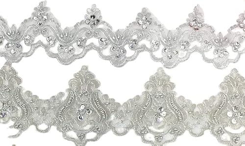 (3+3) Yard Silver Trim Lace, Bodice Applique, Silver Rhinestone Pearl Belt, Silver Lace Trim, Silver Lace Fabric Silver Tulle For Dress S (C6 Silver) #TOP19