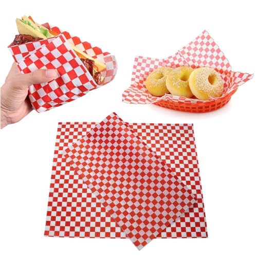 Tocnvoe - Papel de Envoltorio Antigrasa 100 pcs 28X34 cm Cuadrados Blancos Rojos Antihumedad Durable Papel Horno para Envolver para Bocadillo Hamburguesas Snacks