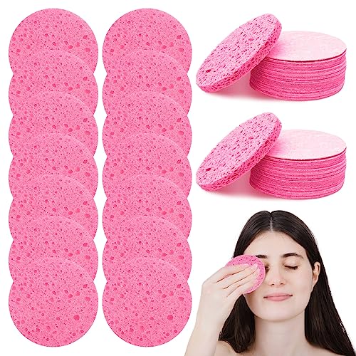 70 Pcs Éponges Visage Comprimées, ZYNERY Eponge Demaquillage Visage Lavable, Éponge Cosmétique Ronde Réutilisable pour Nettoyage du Visage (Rose)