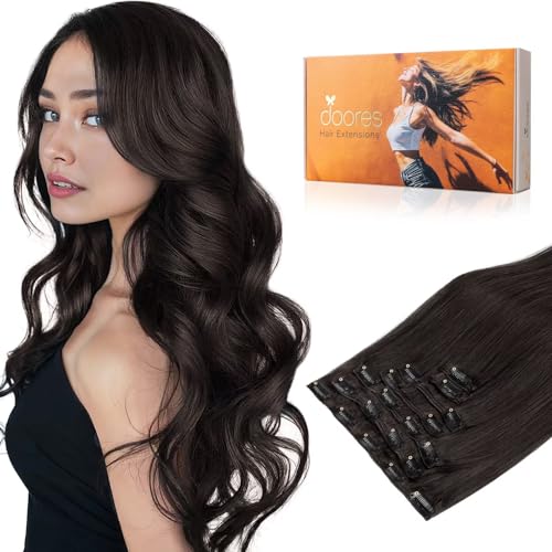 Image of DOORES Human Hair Extensions Clip in, Dark Brown 135g 7pcs 16 Inch, Thick Real Human Hair Extensions Clip ins Remy Natural Straight