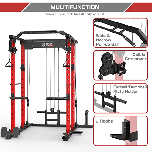 Major Lutie Power Cage, Plm03 1400Lbs Multi-Function Power Rack With Adjustable Cable Crossover System And Exercise Machine Attachment(Red) #TOP5