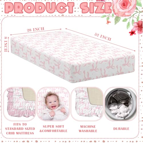 Image of Peryiter 2 Pack Pink Bow Crib Sheets for Girls Boys Coquette Bed Sheet Set Fitted 52'' x 28 inch for Standard Crib Mattress Stretchable Soft Toddler Aesthetic Nursery Decor