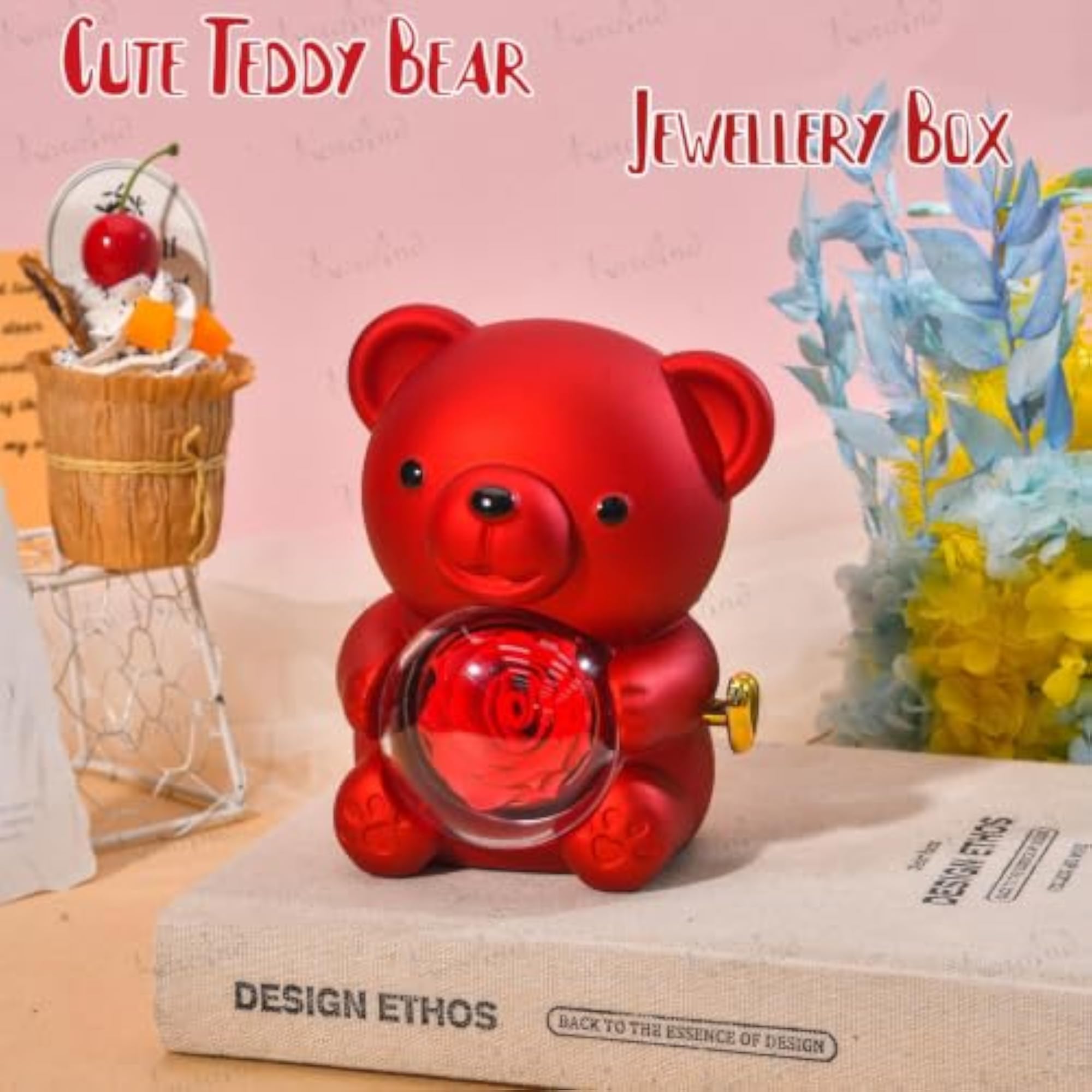Cute Teddy Shape Ring Box with 360 ° Rotating Preserved Rose