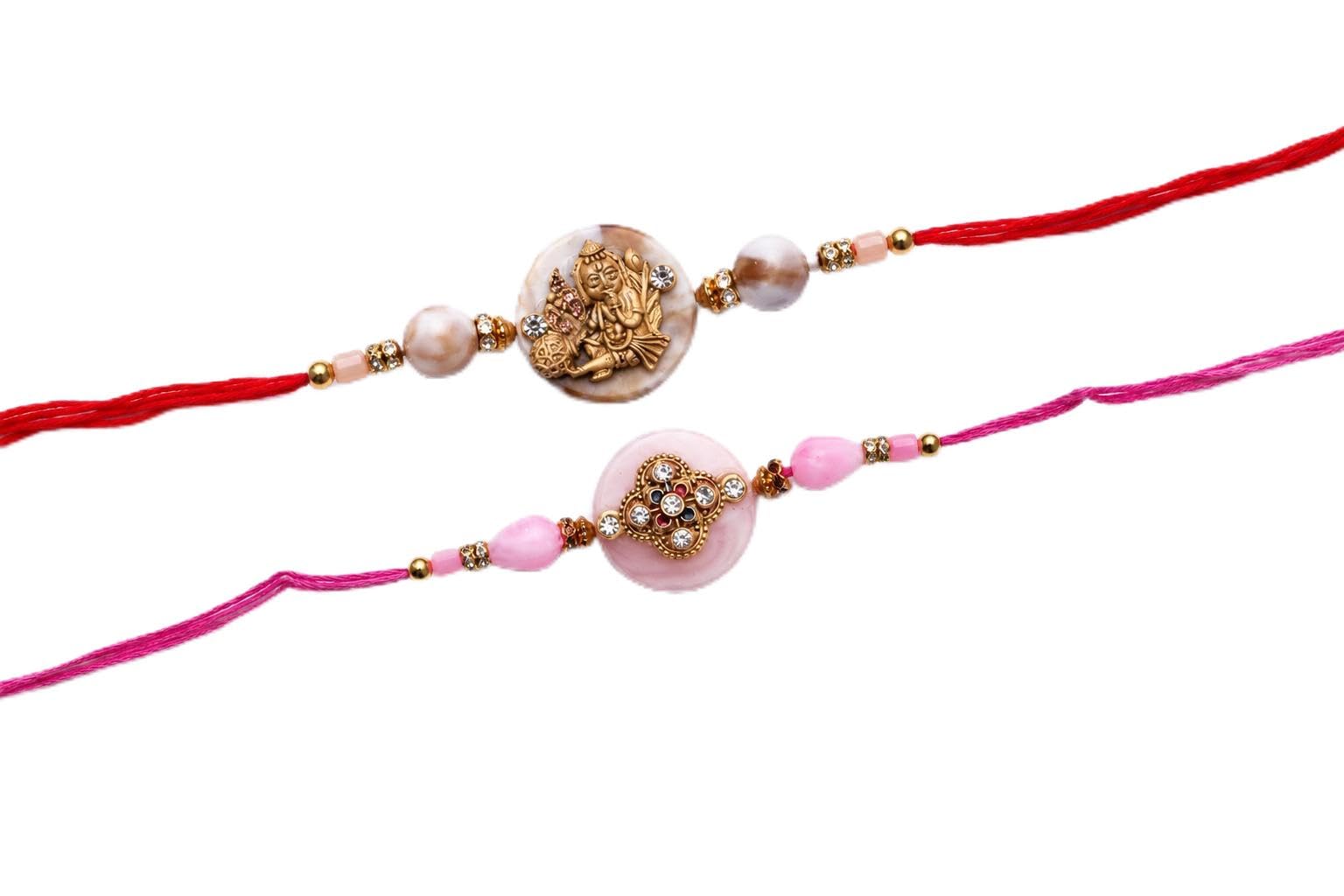 Salescraft Rakhi for Brother, Pack of 2, Beaded Design with Divine Motif, Pink and Red Thread-image-24