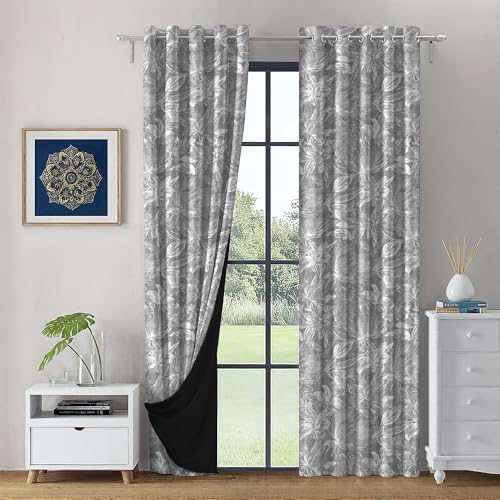 Image of LINENWALAS Printed Blackout Curtains for 7 Feet Door | Set of 2 | Printed Drapes | Thermal Insulated, Room Darkening Panels with Grommet Hanging for Living Room (Steel Grey Flora)